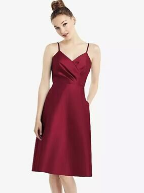 Alfred Sung Cocktail Dress Size 6 Burgundy Satin Twill Spaghetti Strap